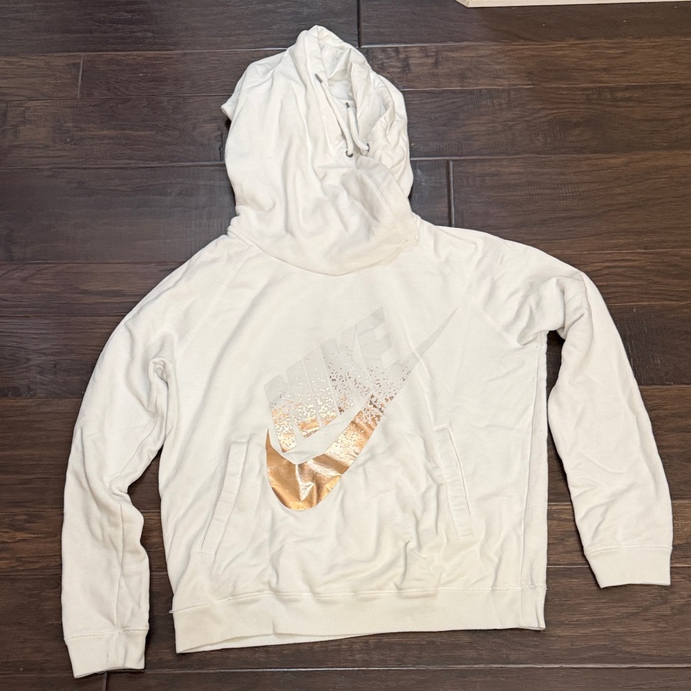 Nike Hoodie white with Metallic Gold Swoosh Cowel neck Large